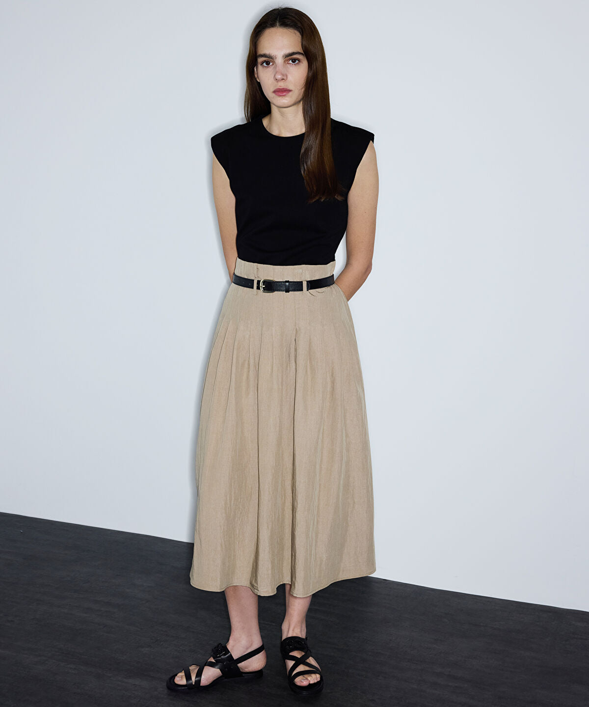 Belted Combination Midi Dress
