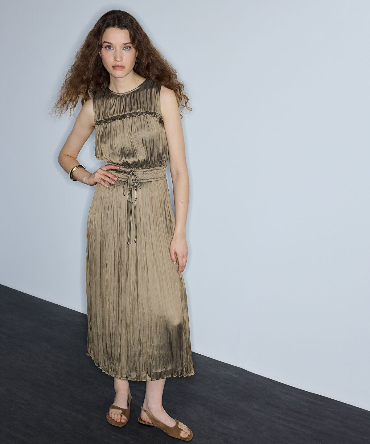 Satin-Effect Pleated Midi Dress