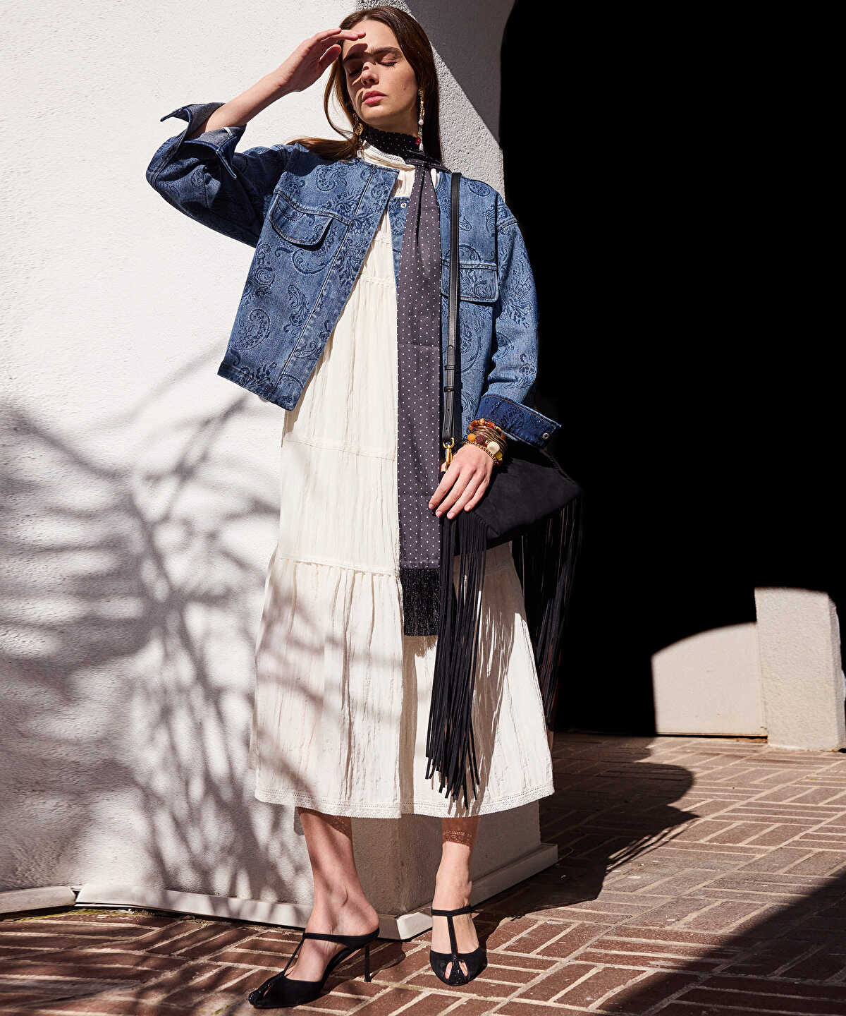Crinkled Lace-Trim Midi Dress