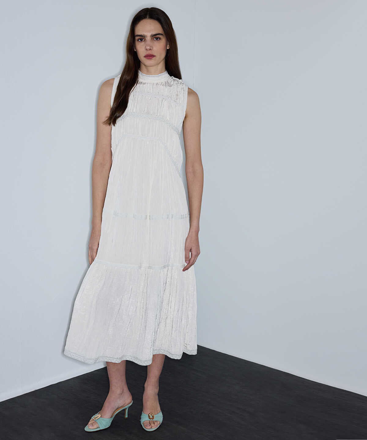 Crinkled Lace-Trim Midi Dress