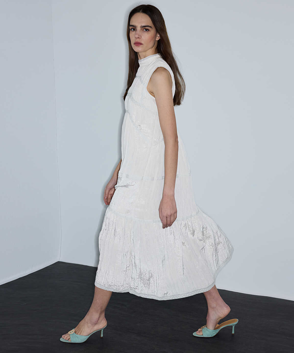 Crinkled Lace-Trim Midi Dress