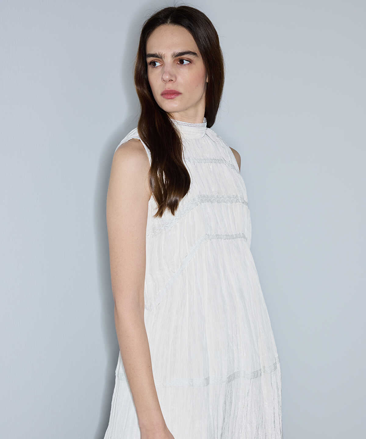 Crinkled Lace-Trim Midi Dress