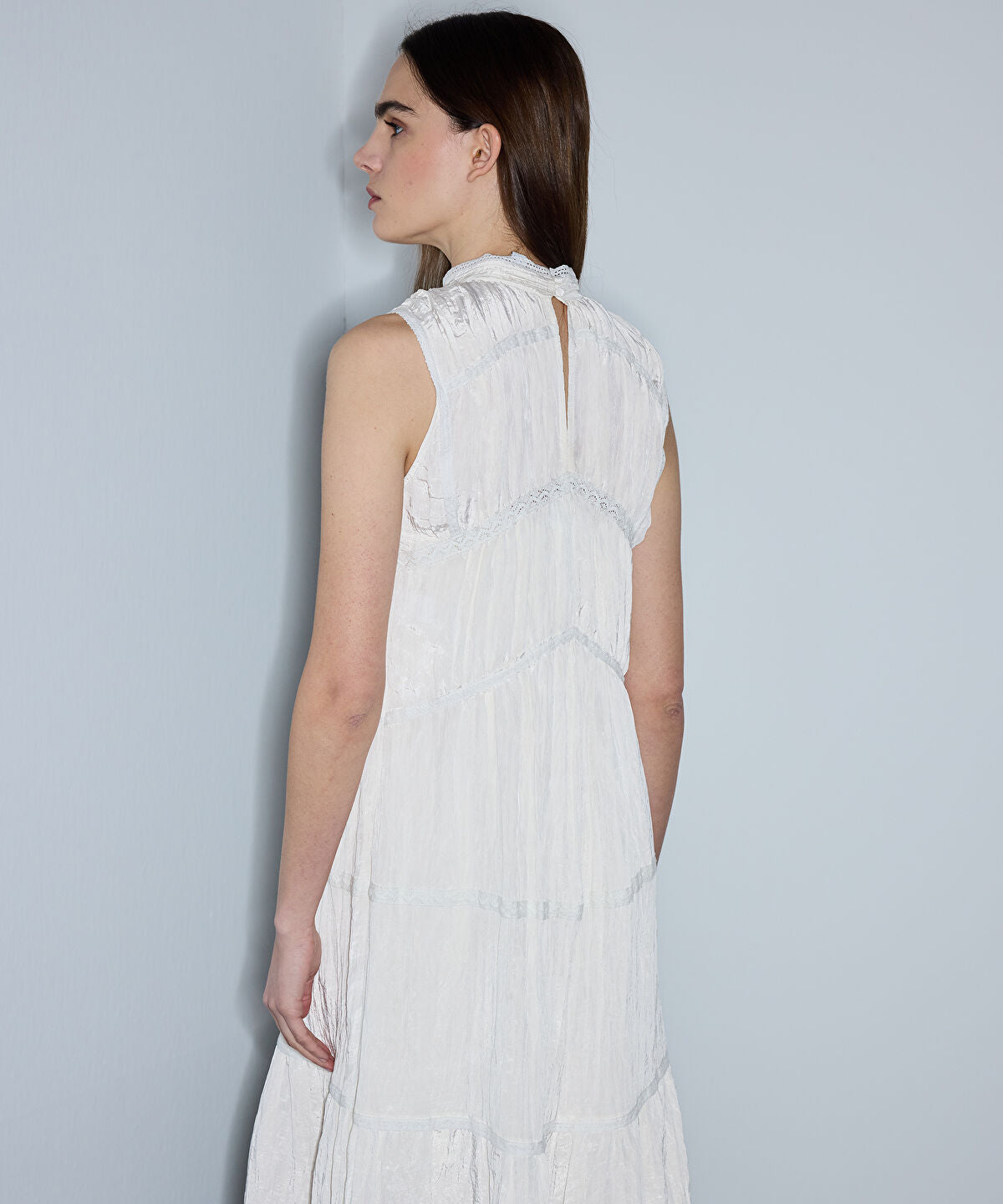 Crinkled Lace-Trim Midi Dress
