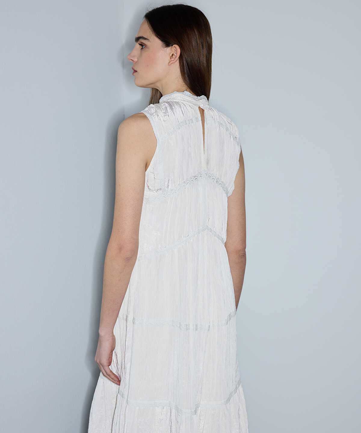 Crinkled Lace-Trim Midi Dress