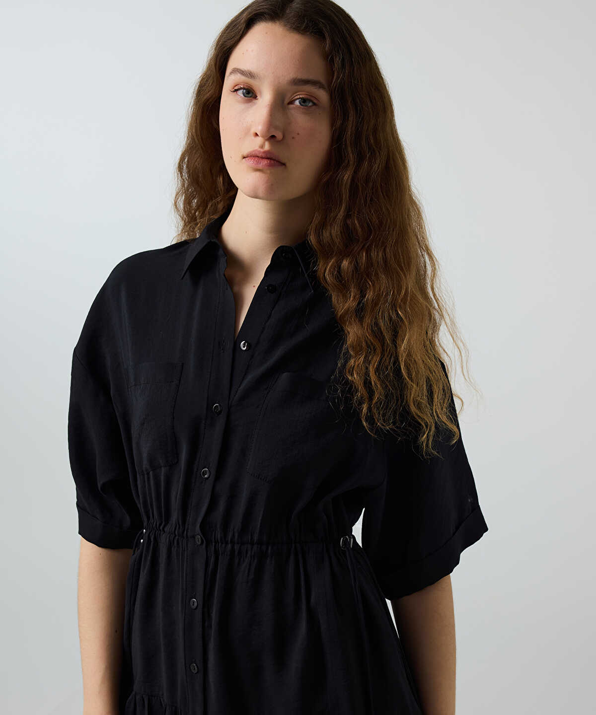 Adjustable Cinch-Waist Shirt Dress