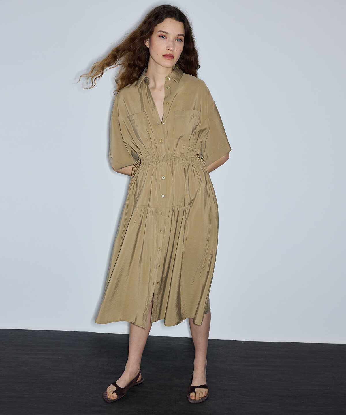 Adjustable Cinch-Waist Shirt Dress