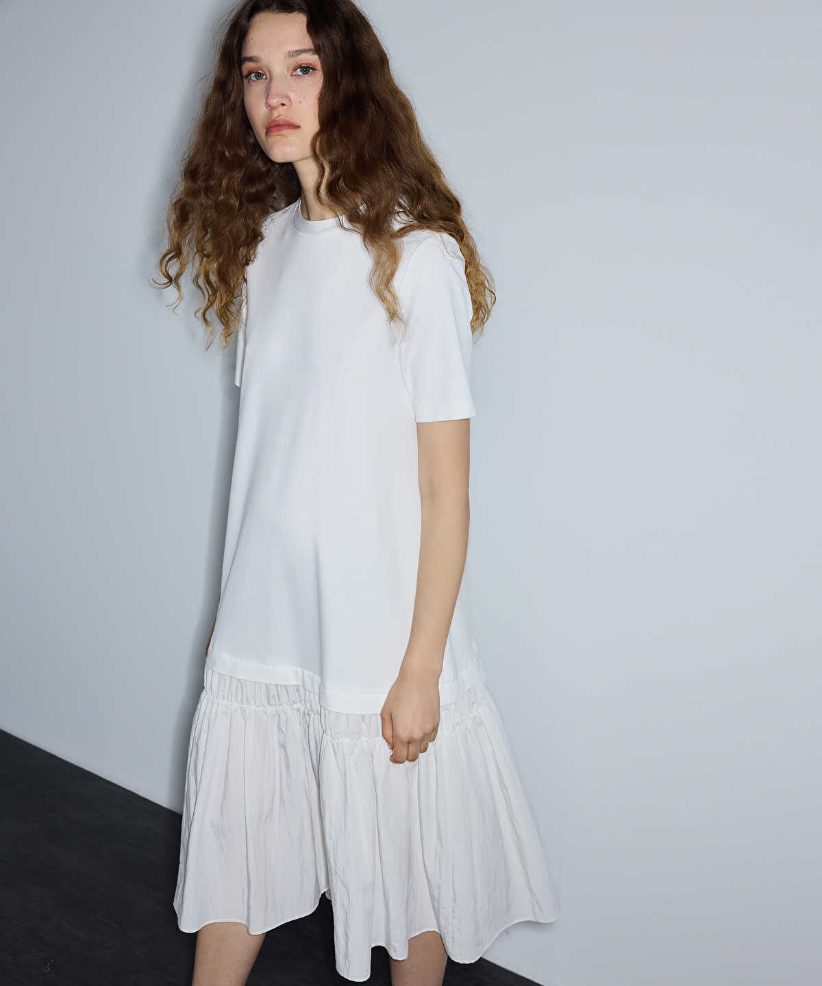 Mixed-Media Ruffled Midi Dress