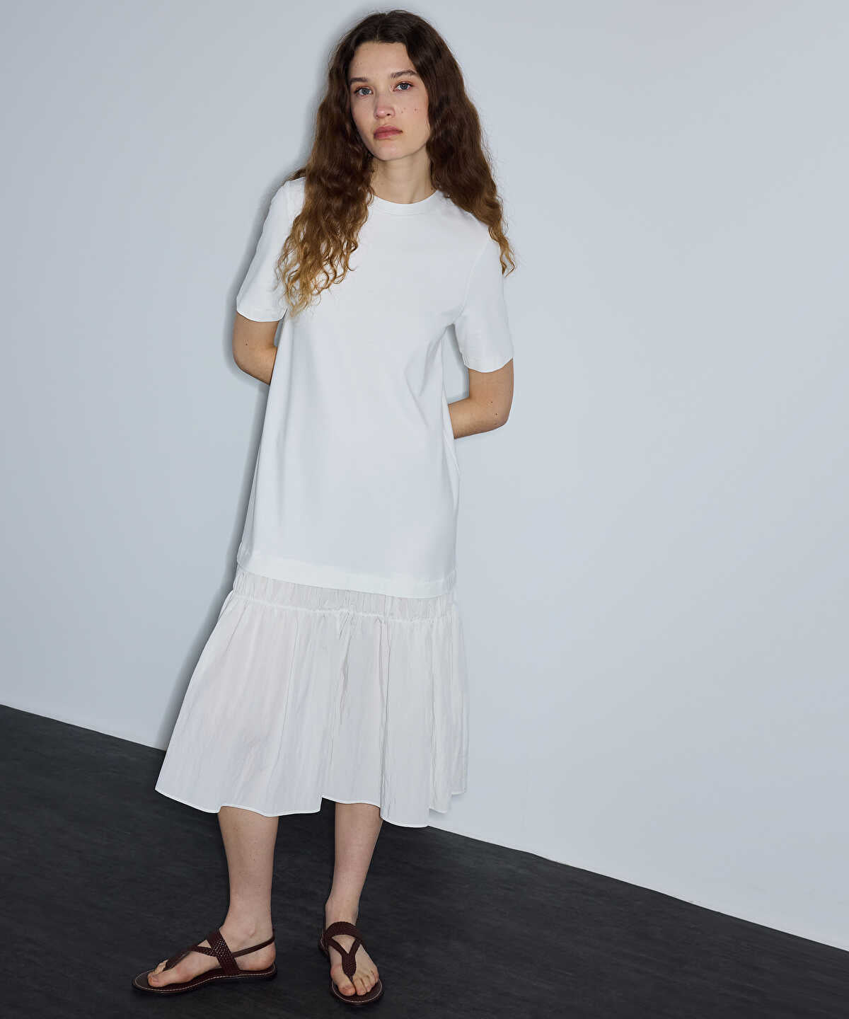 Mixed-Media Ruffled Midi Dress