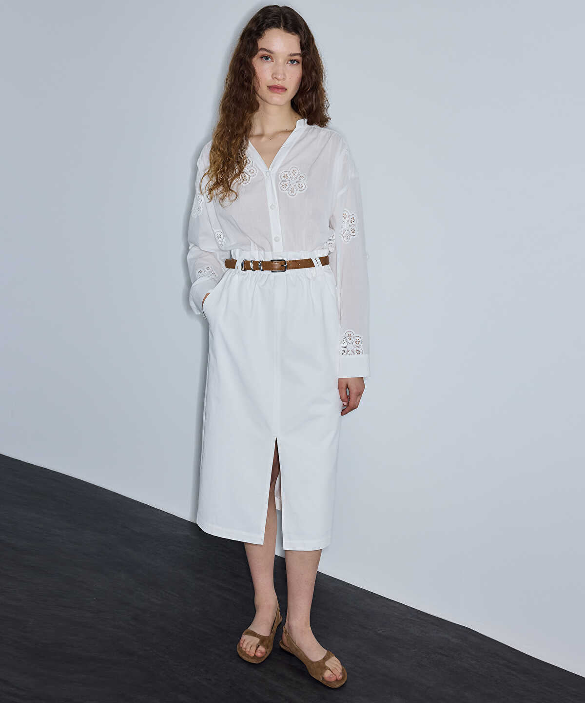 Belted Mixed-Media Dress
