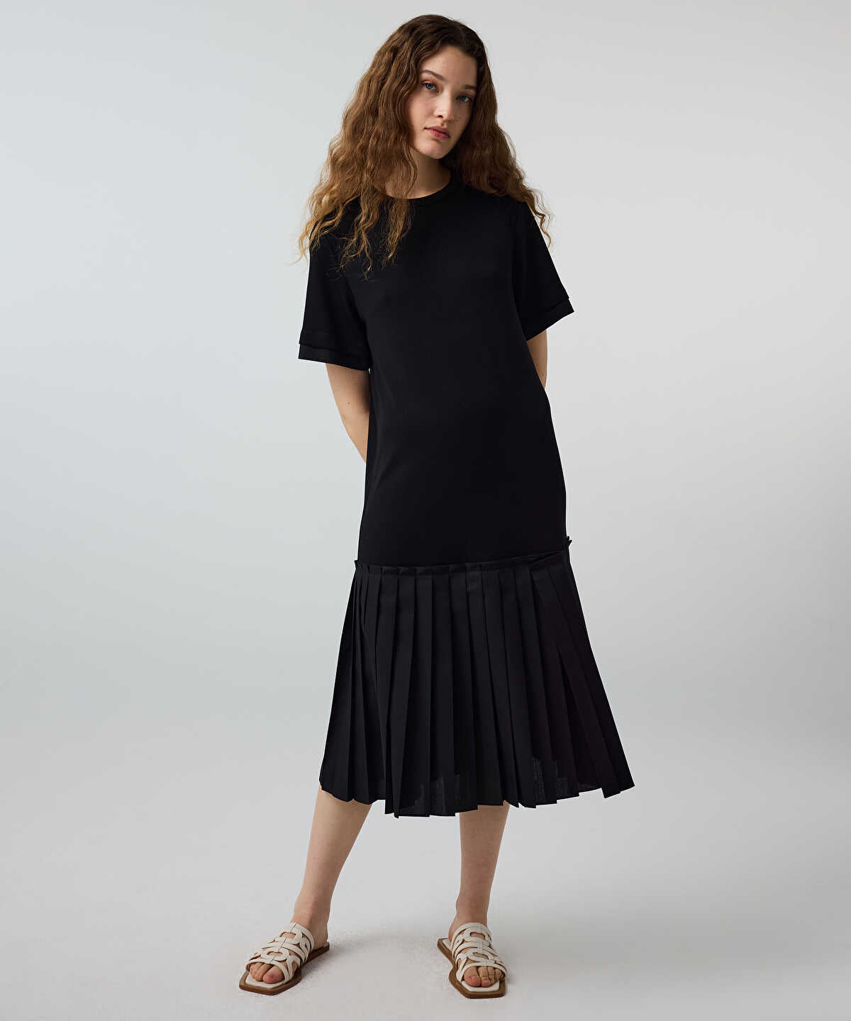 Pleated Mixed-Media Dress