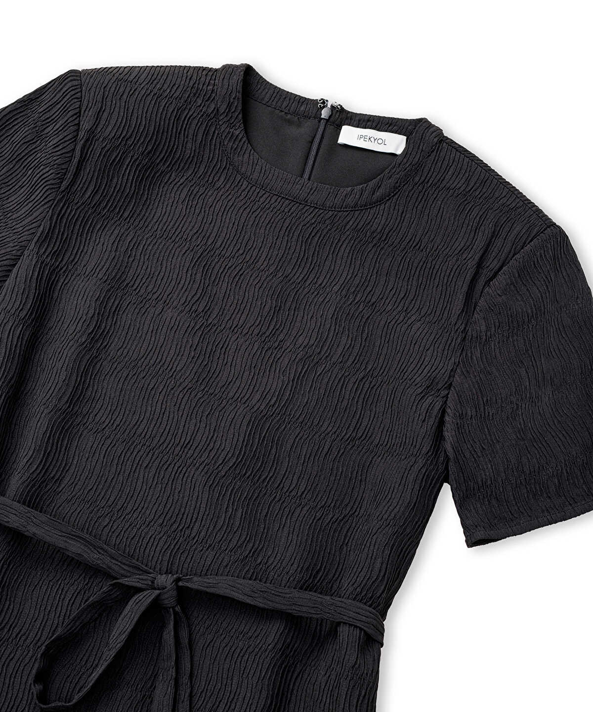 Belted Crinkle-Effect Dress