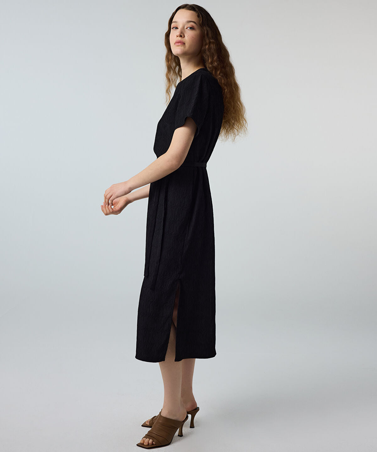 Belted Crinkle-Effect Dress