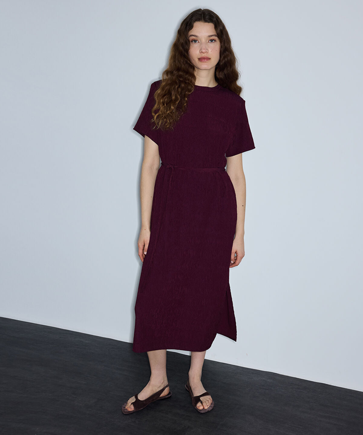 Belted Crinkle-Effect Dress