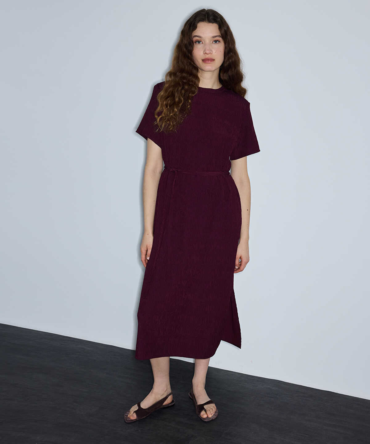 Belted Crinkle-Effect Dress