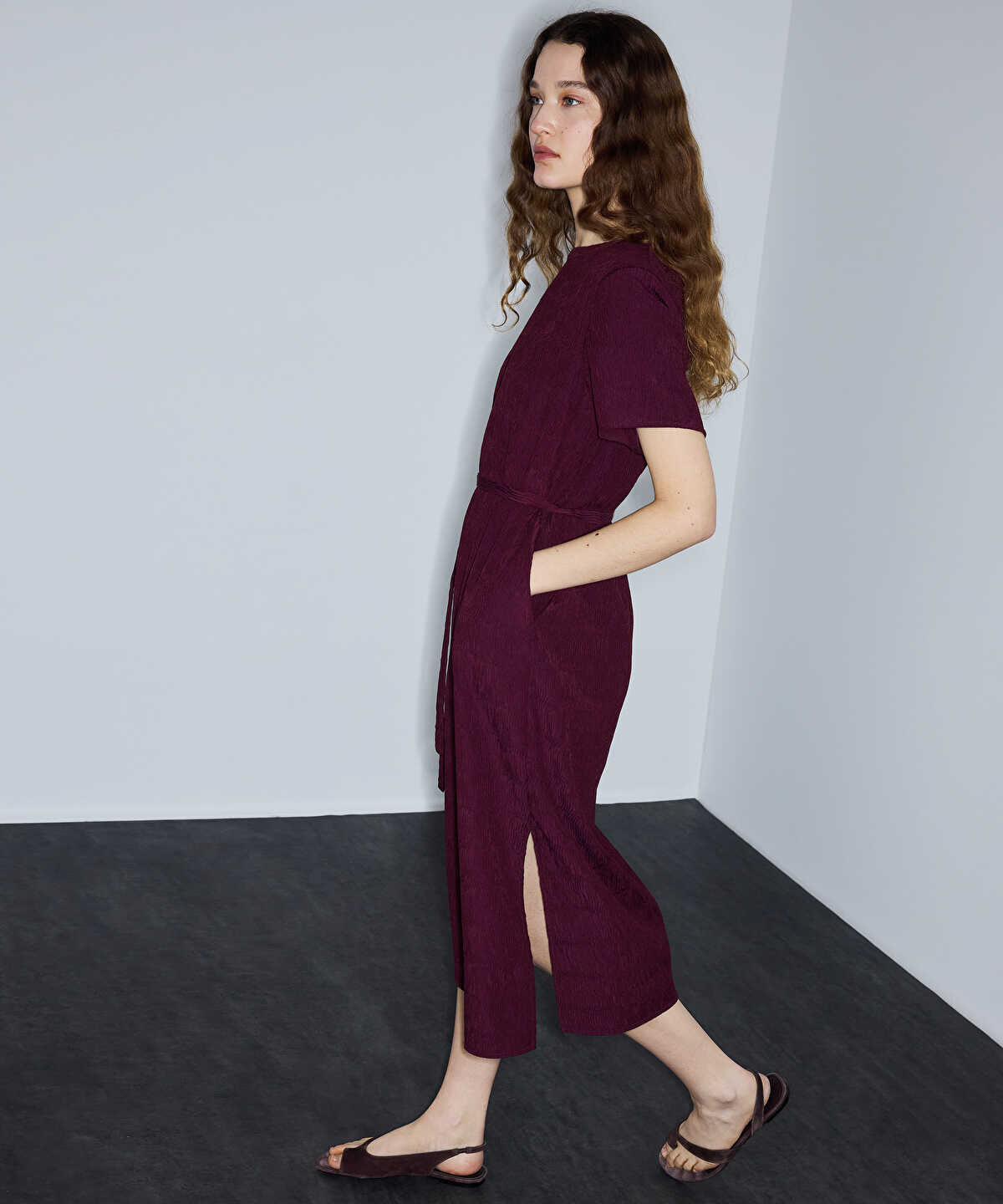 Belted Crinkle-Effect Dress