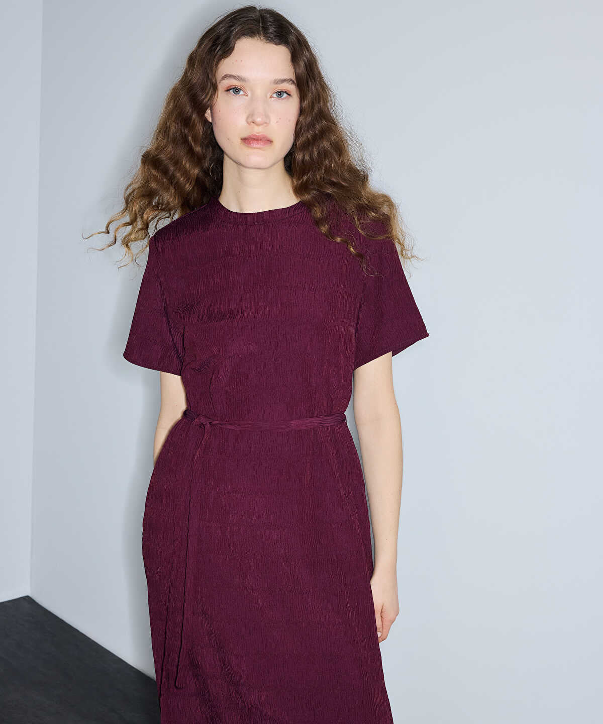 Belted Crinkle-Effect Dress