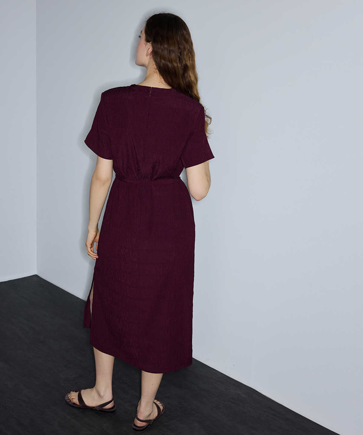 Belted Crinkle-Effect Dress