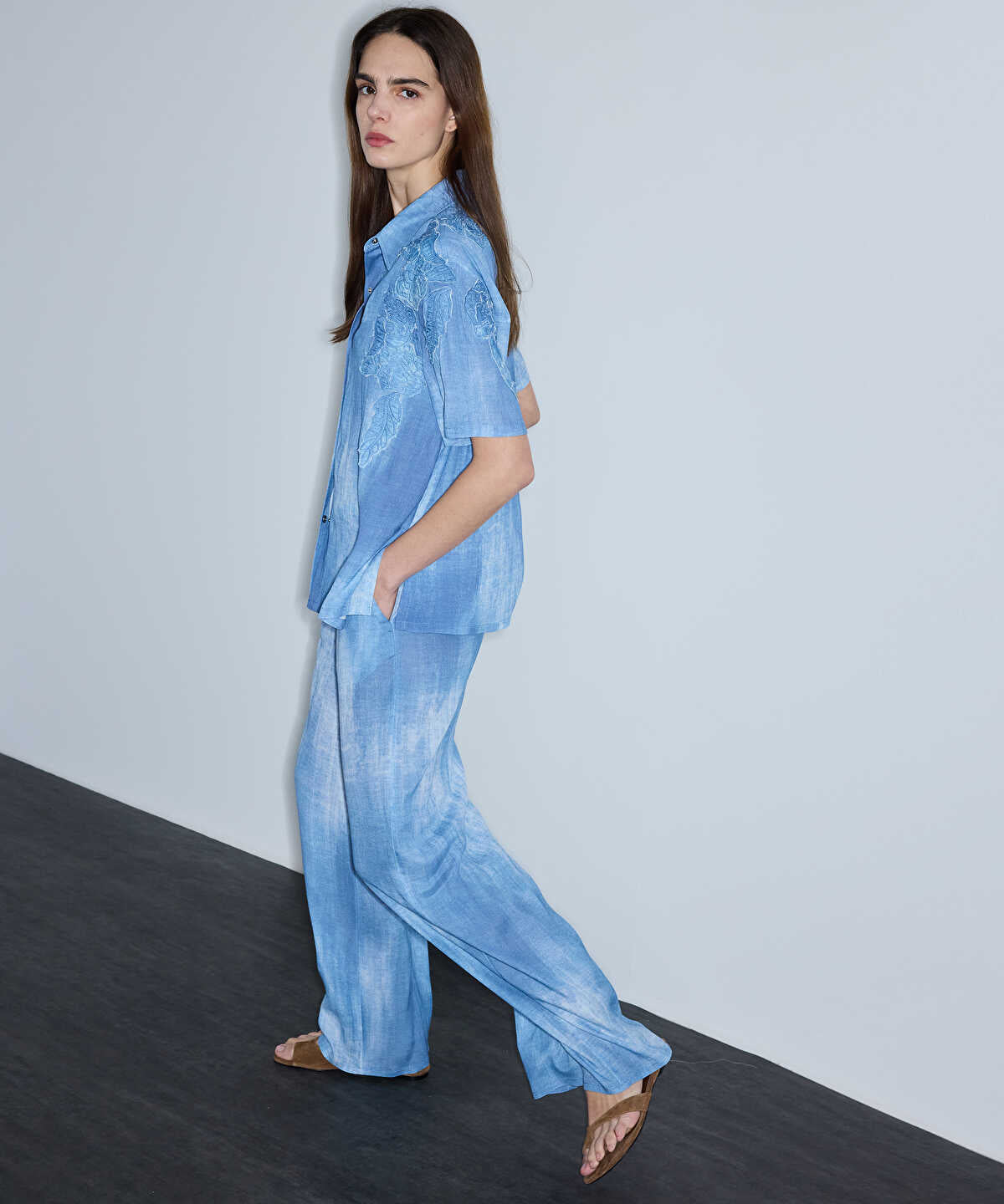 Denim-Print Viscose Trousers
