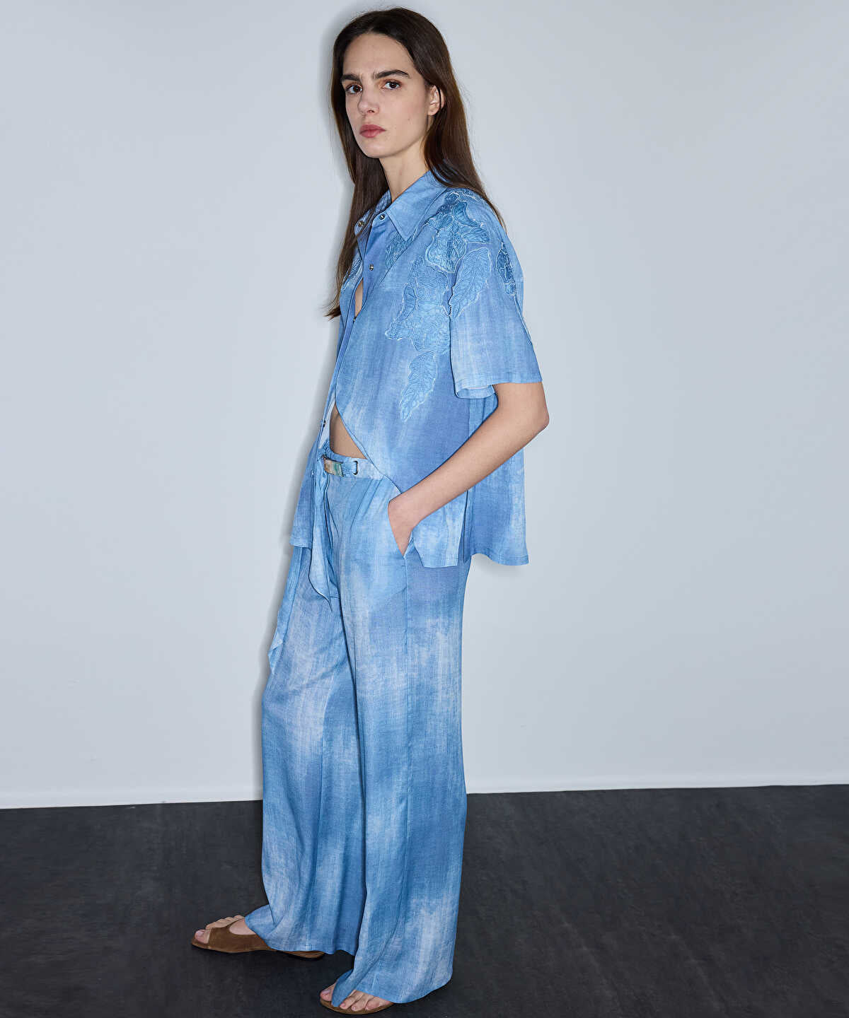 Denim-Print Viscose Trousers