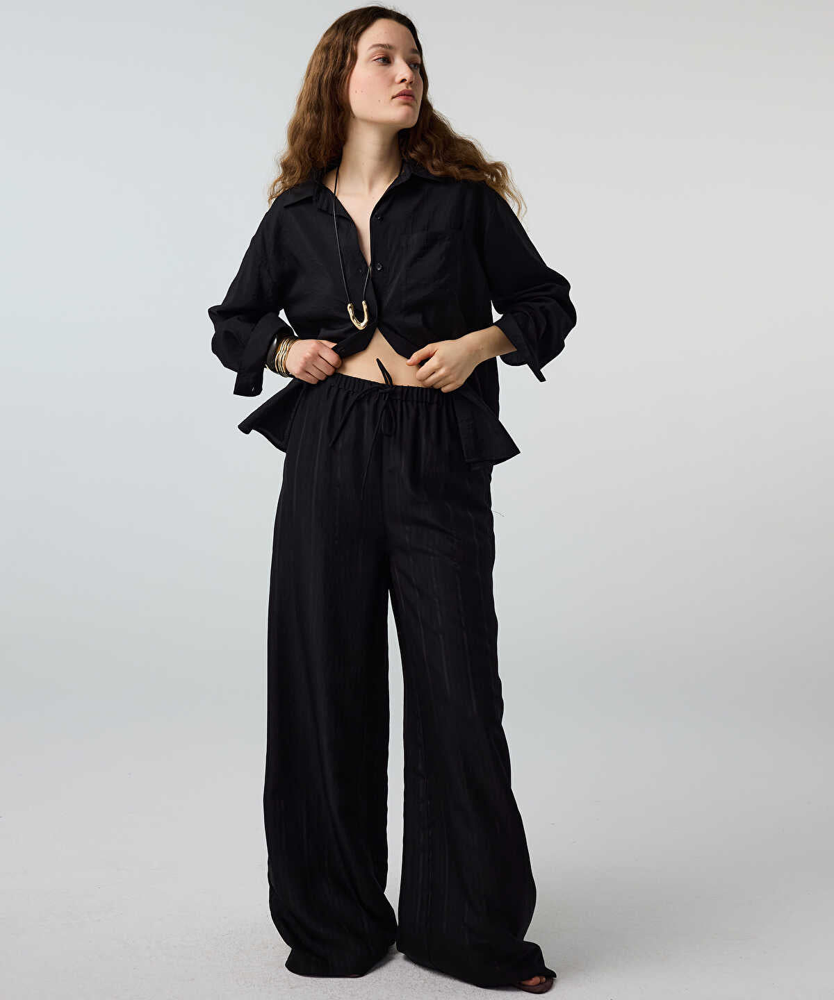 Self-Stripe Wide-Leg Trousers