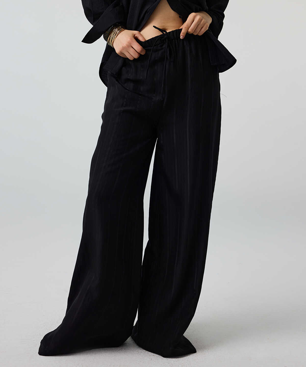 Self-Stripe Wide-Leg Trousers