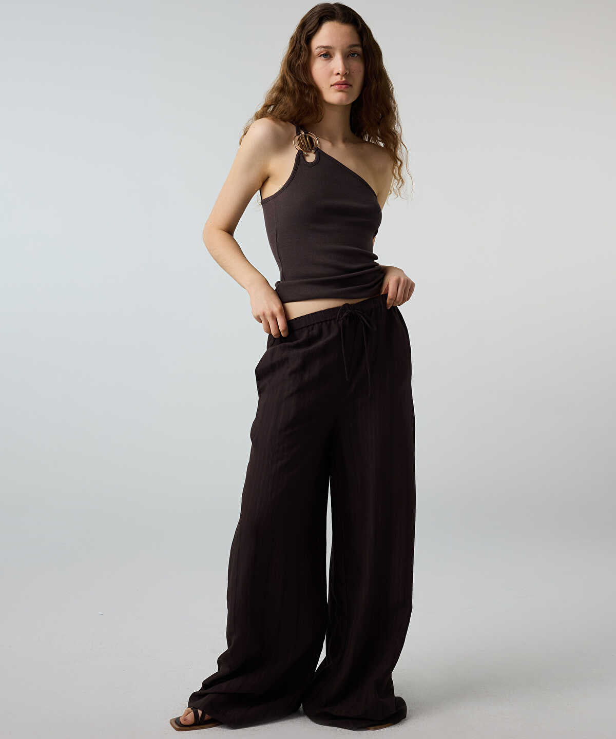 Self-Stripe Wide-Leg Trousers