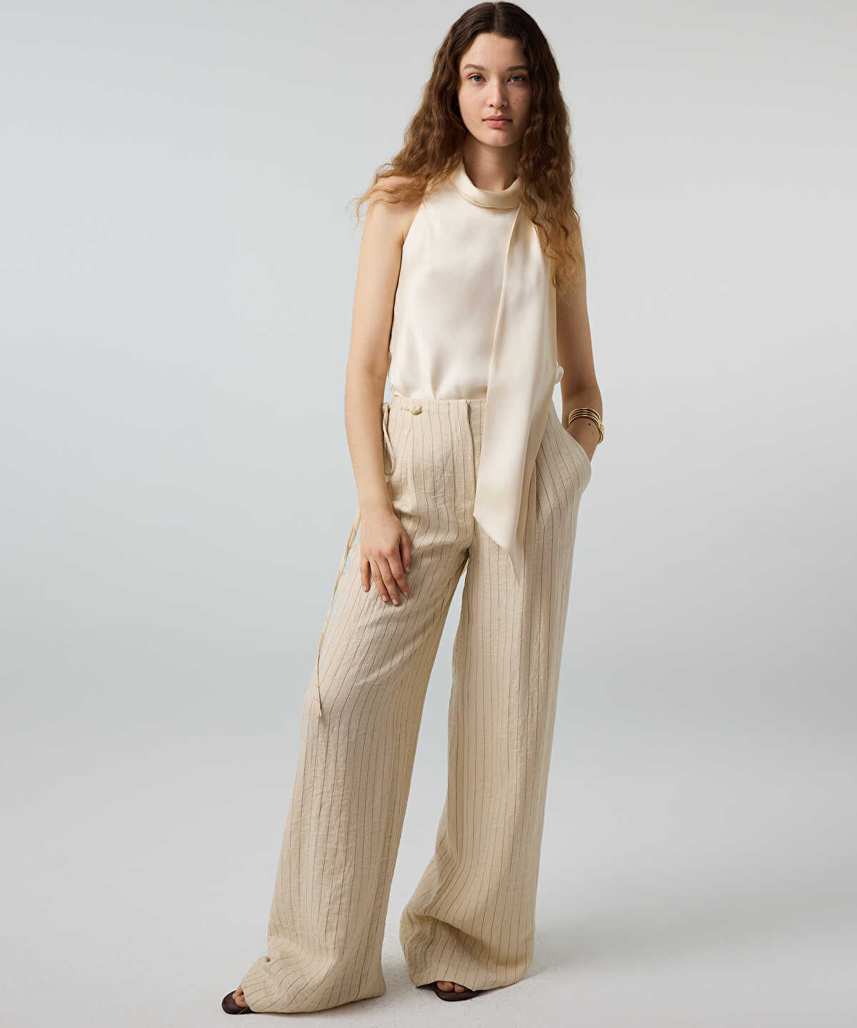 Beaded-Waist Striped Trousers