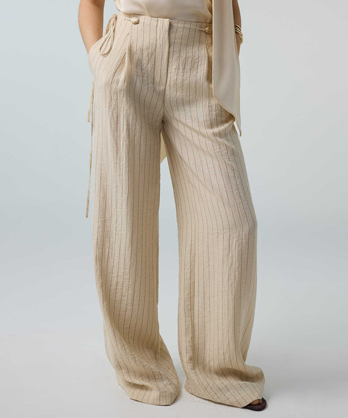 Beaded-Waist Striped Trousers