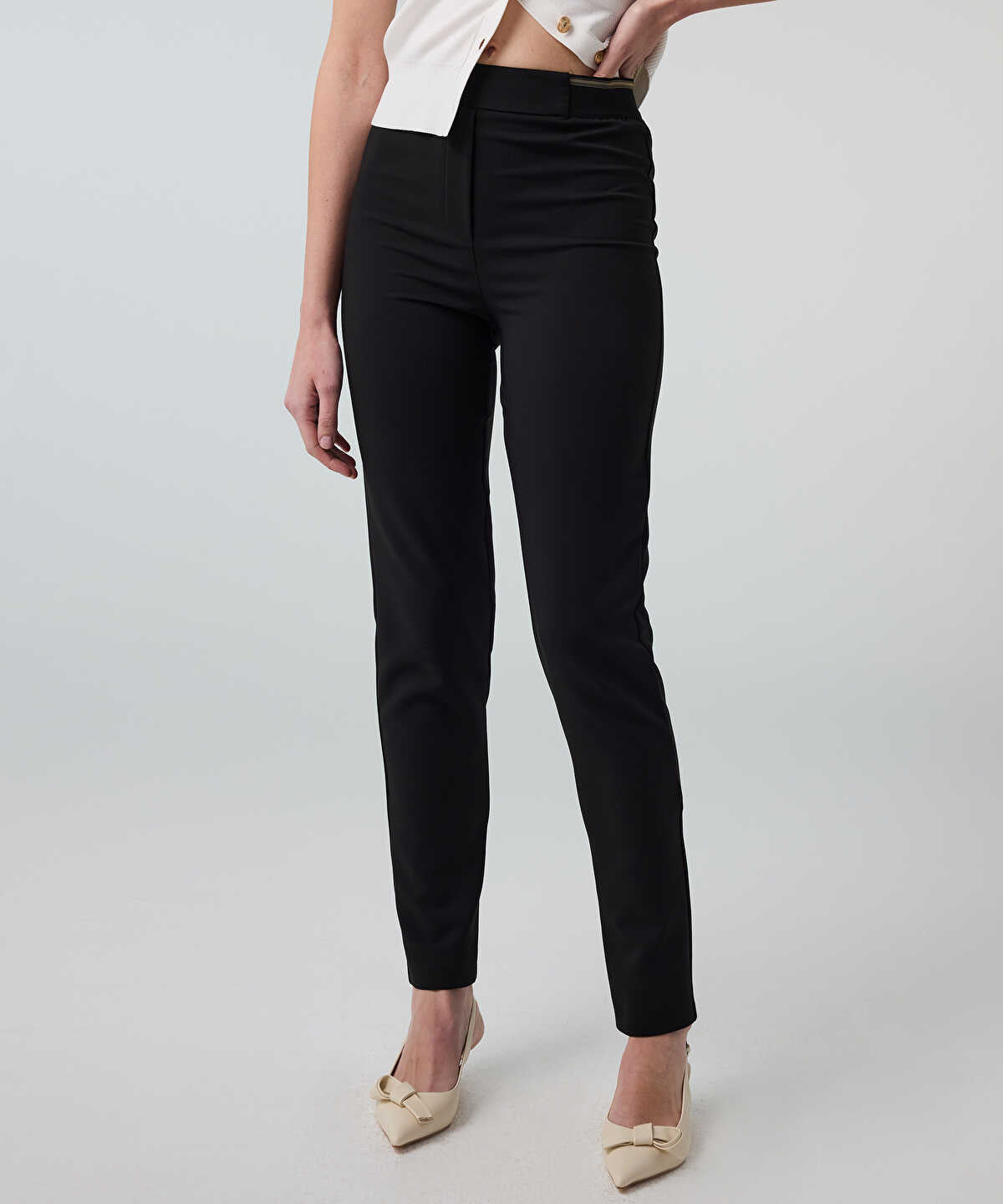 Lurex-Waisted Skinny Trousers