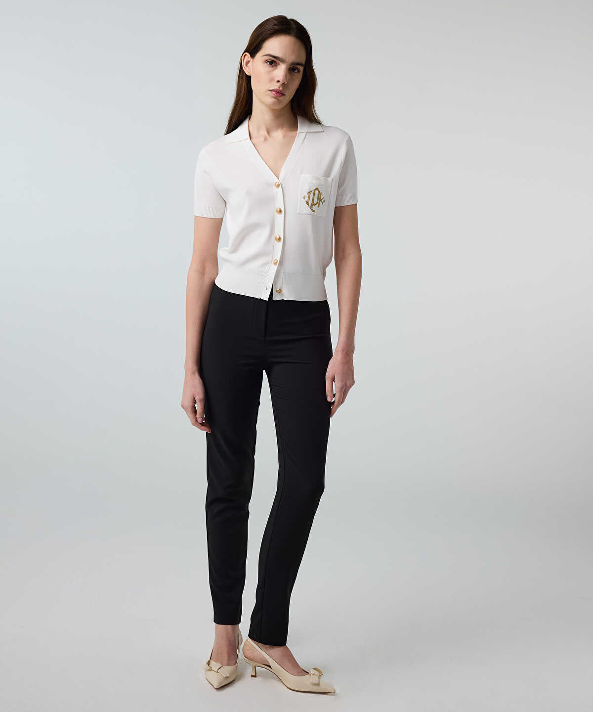 Lurex-Waisted Skinny Trousers