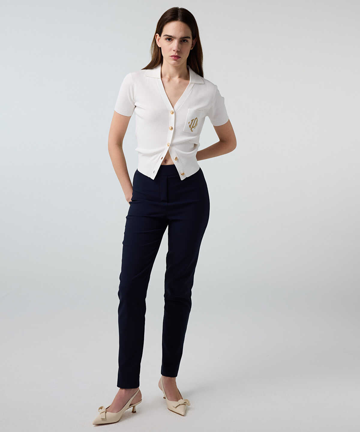 Lurex-Waisted Skinny Trousers