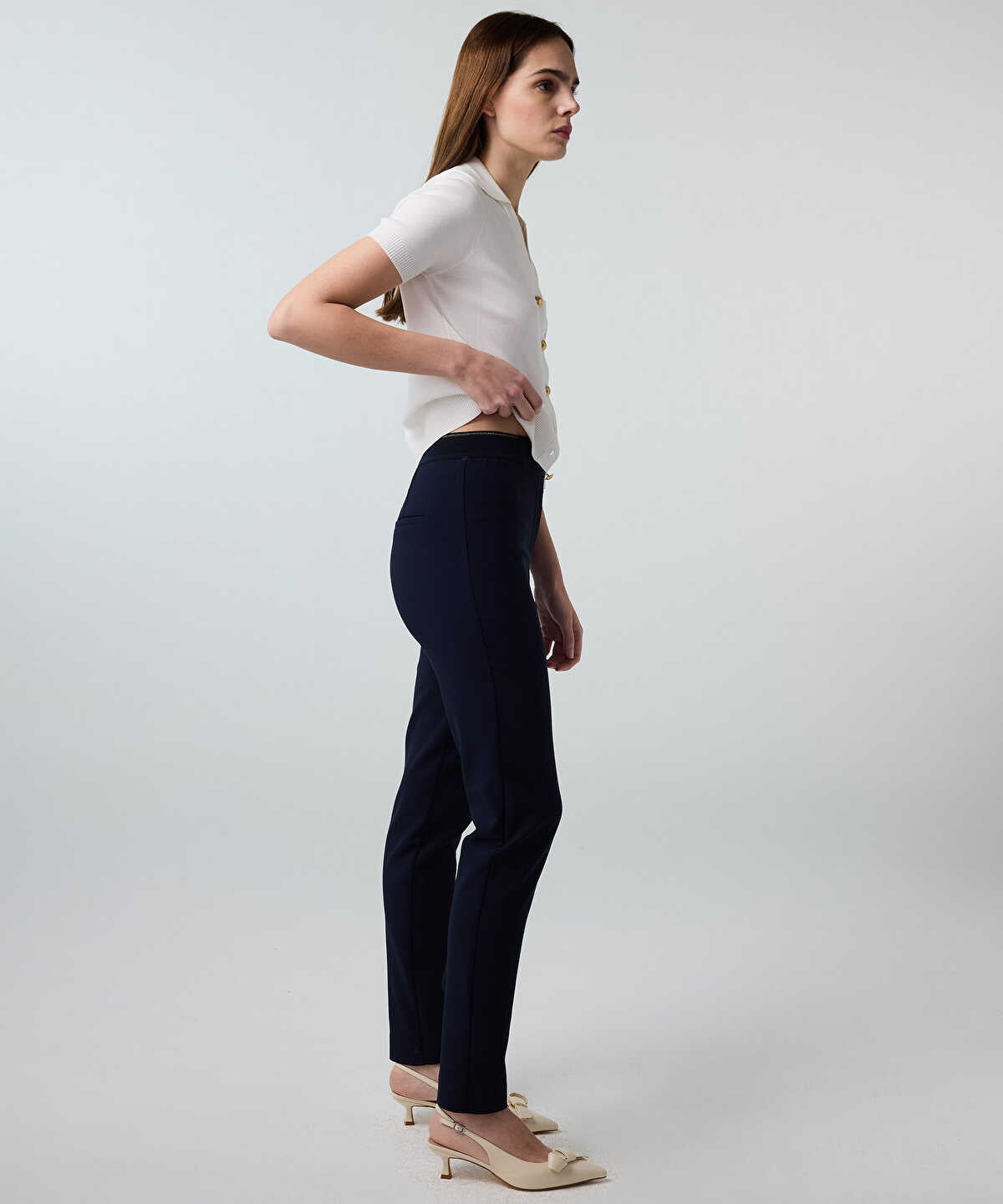 Lurex-Waisted Skinny Trousers