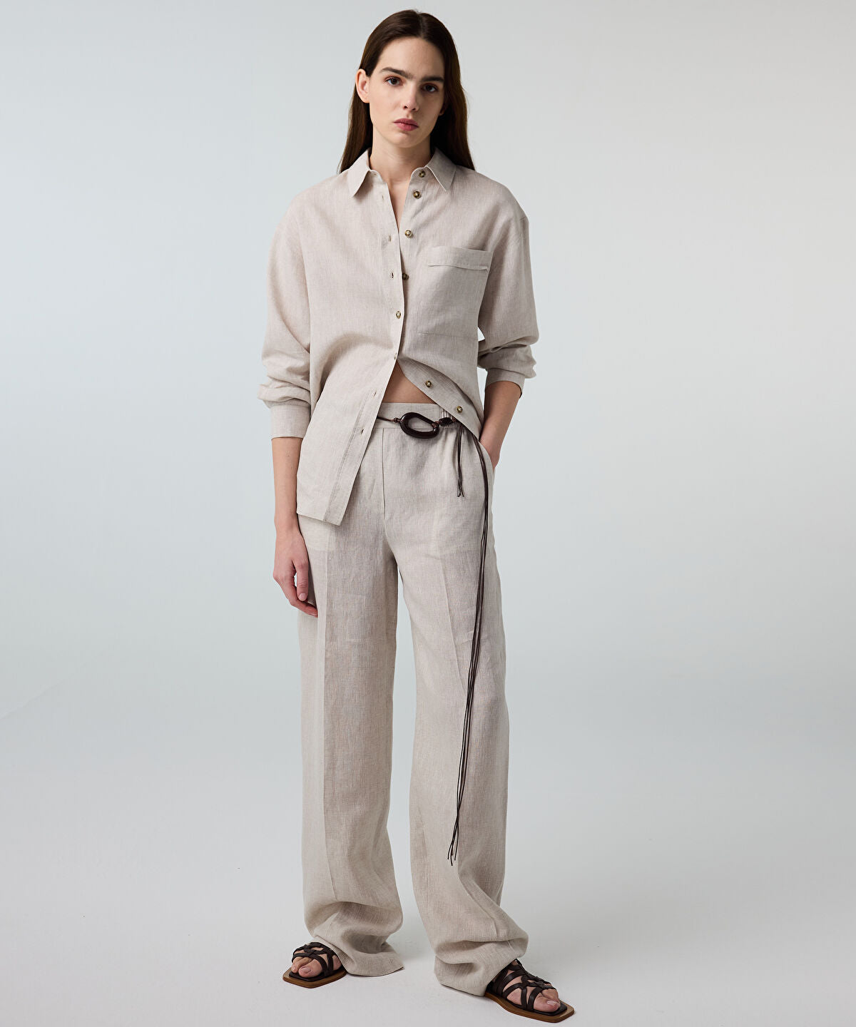 Pressed-Crease Belted Linen Trousers