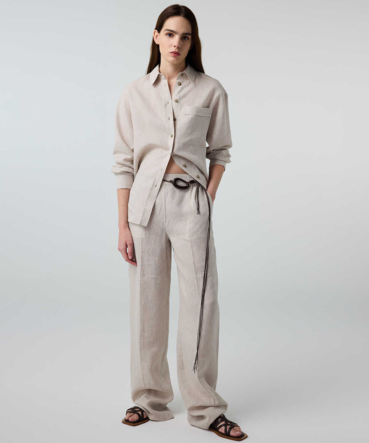 Pressed-Crease Belted Linen Trousers