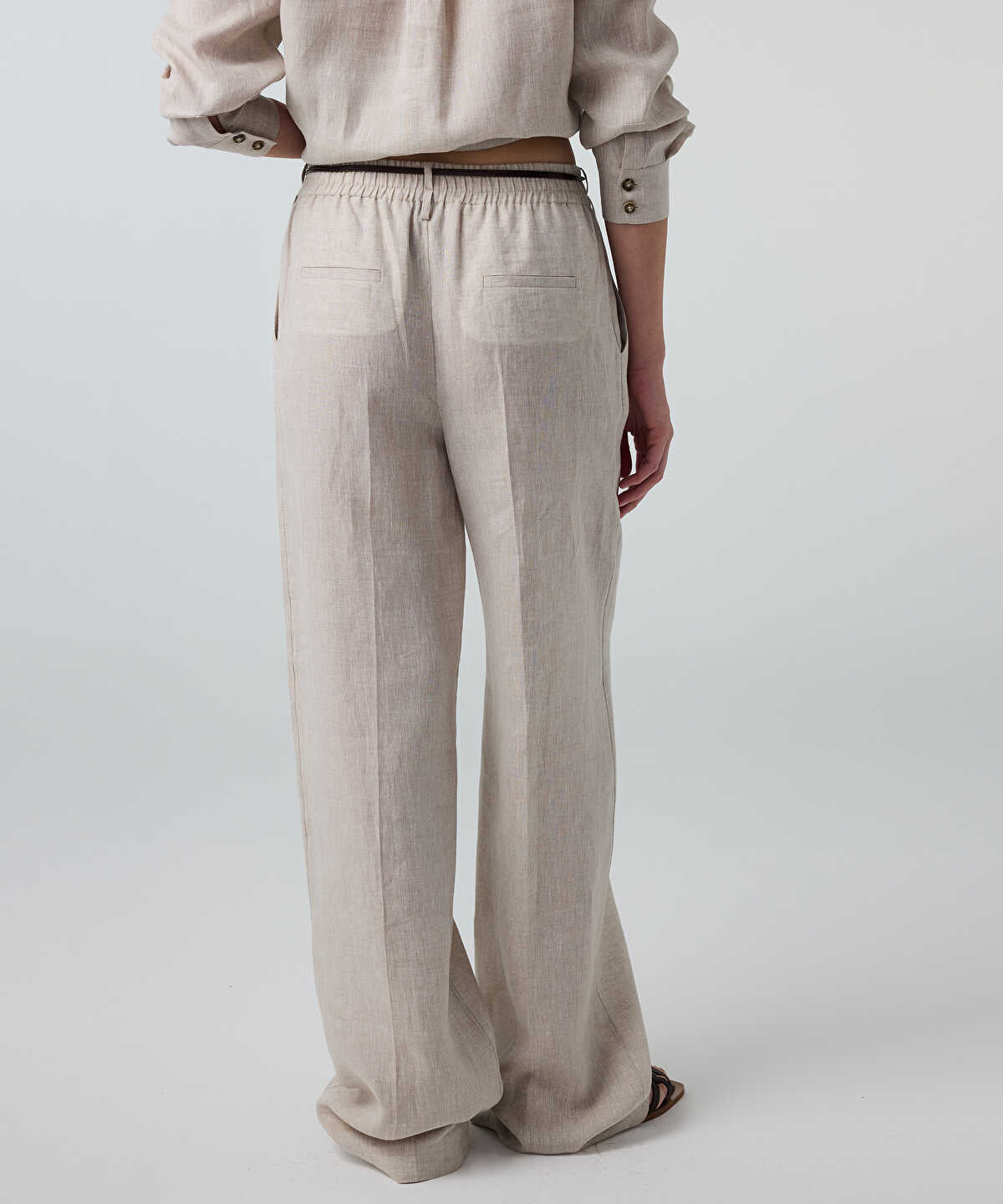 Pressed-Crease Belted Linen Trousers