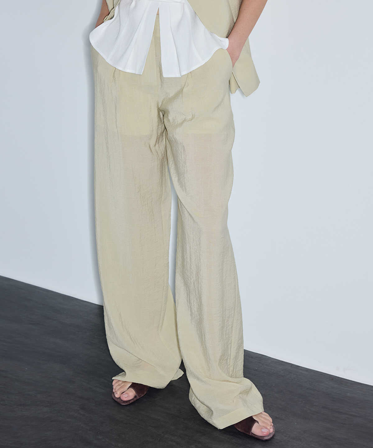 Belted Crinkle-Effect Trousers