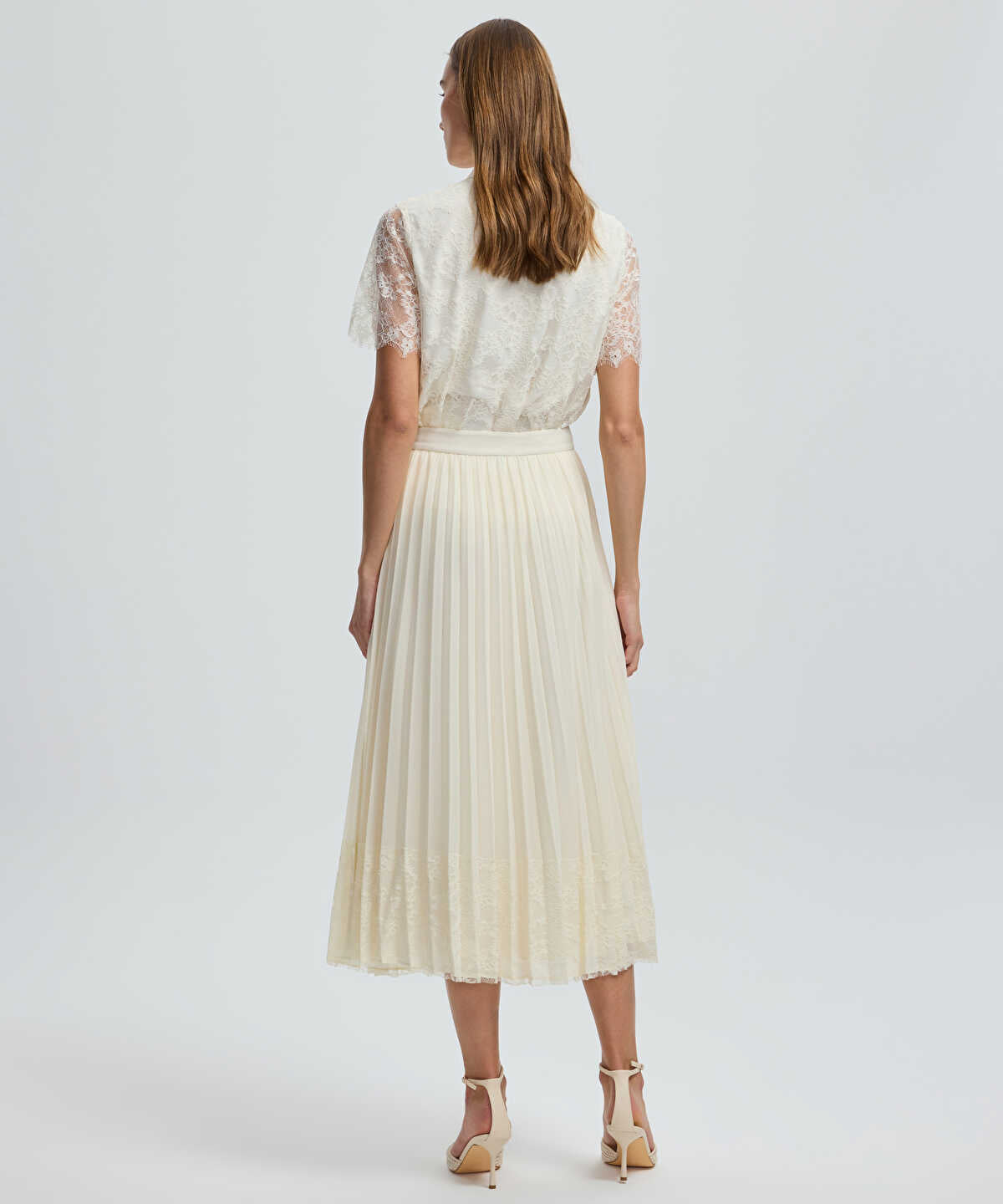 Pleated Lace Hem Midi Skirt
