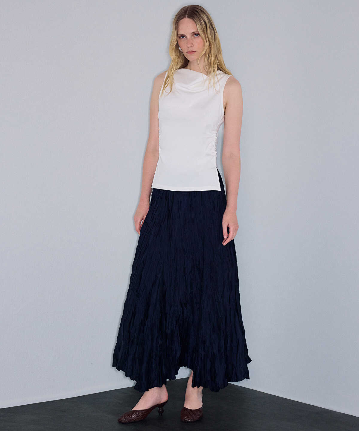 Crinkle-Effect Midi Skirt