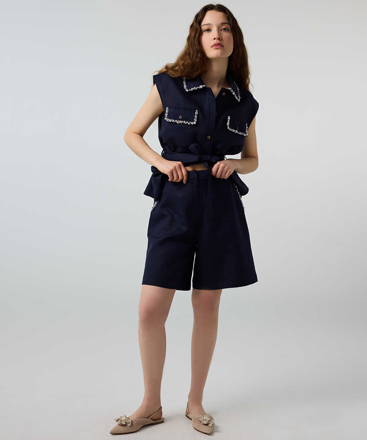 Linen Shorts with Embellishments