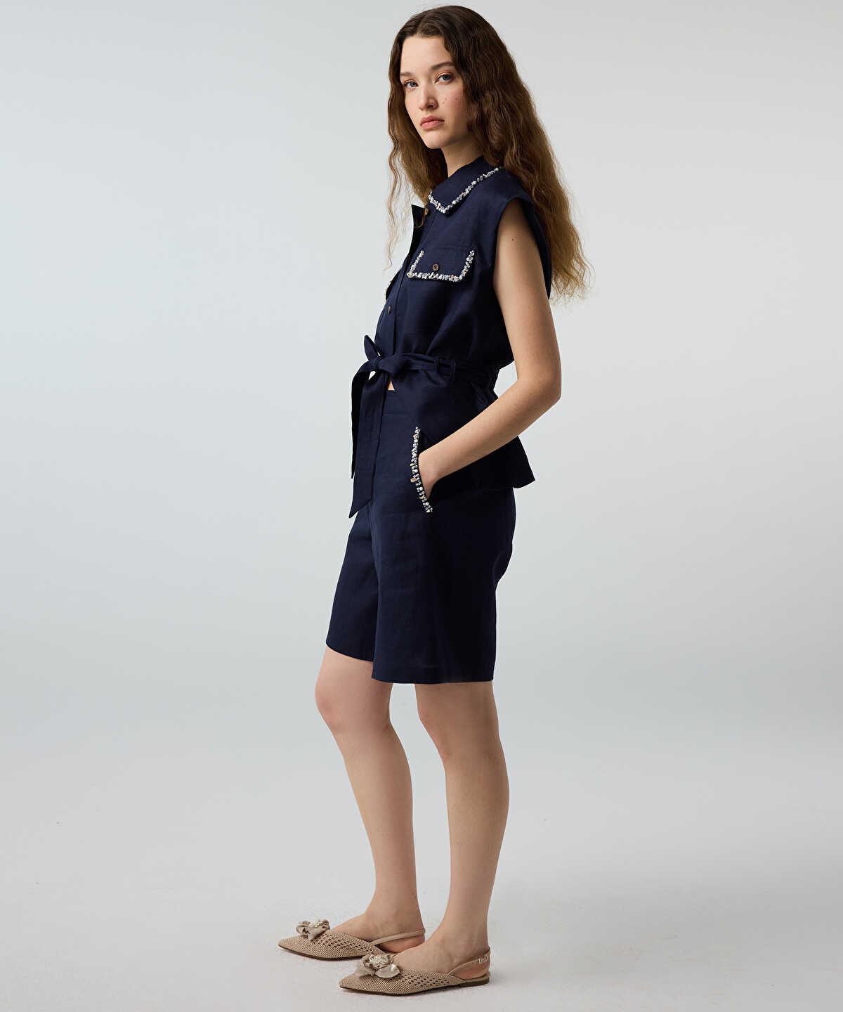 Linen Shorts with Embellishments