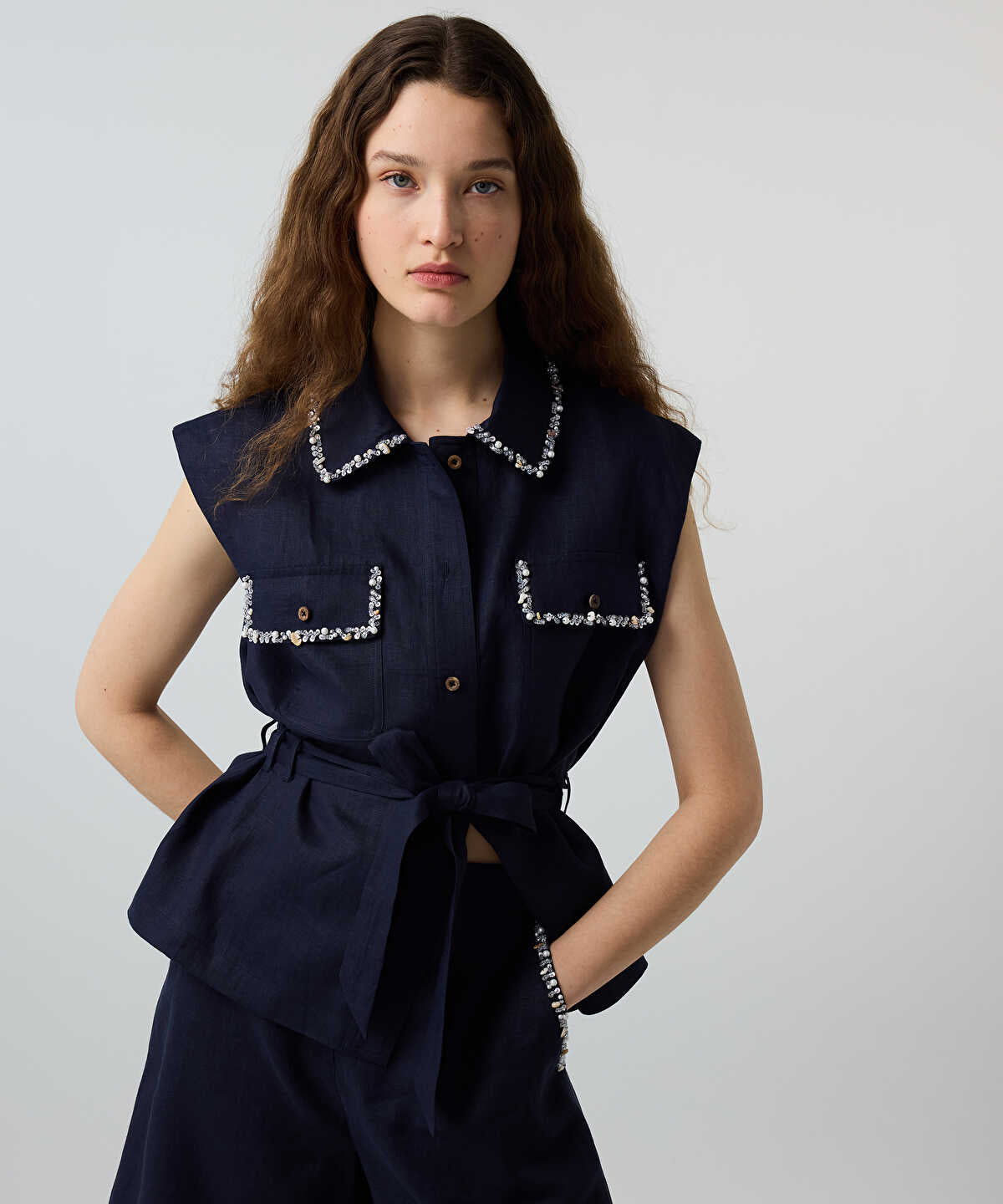 Linen Shorts with Embellishments
