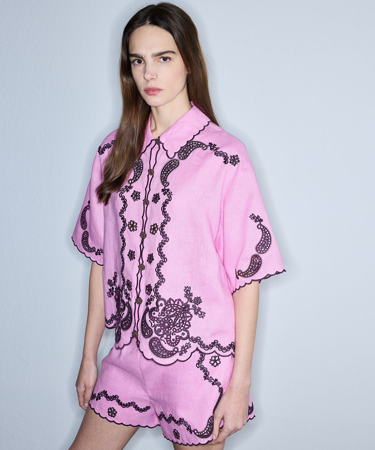 Linen Shirt with Contrast Embroidery