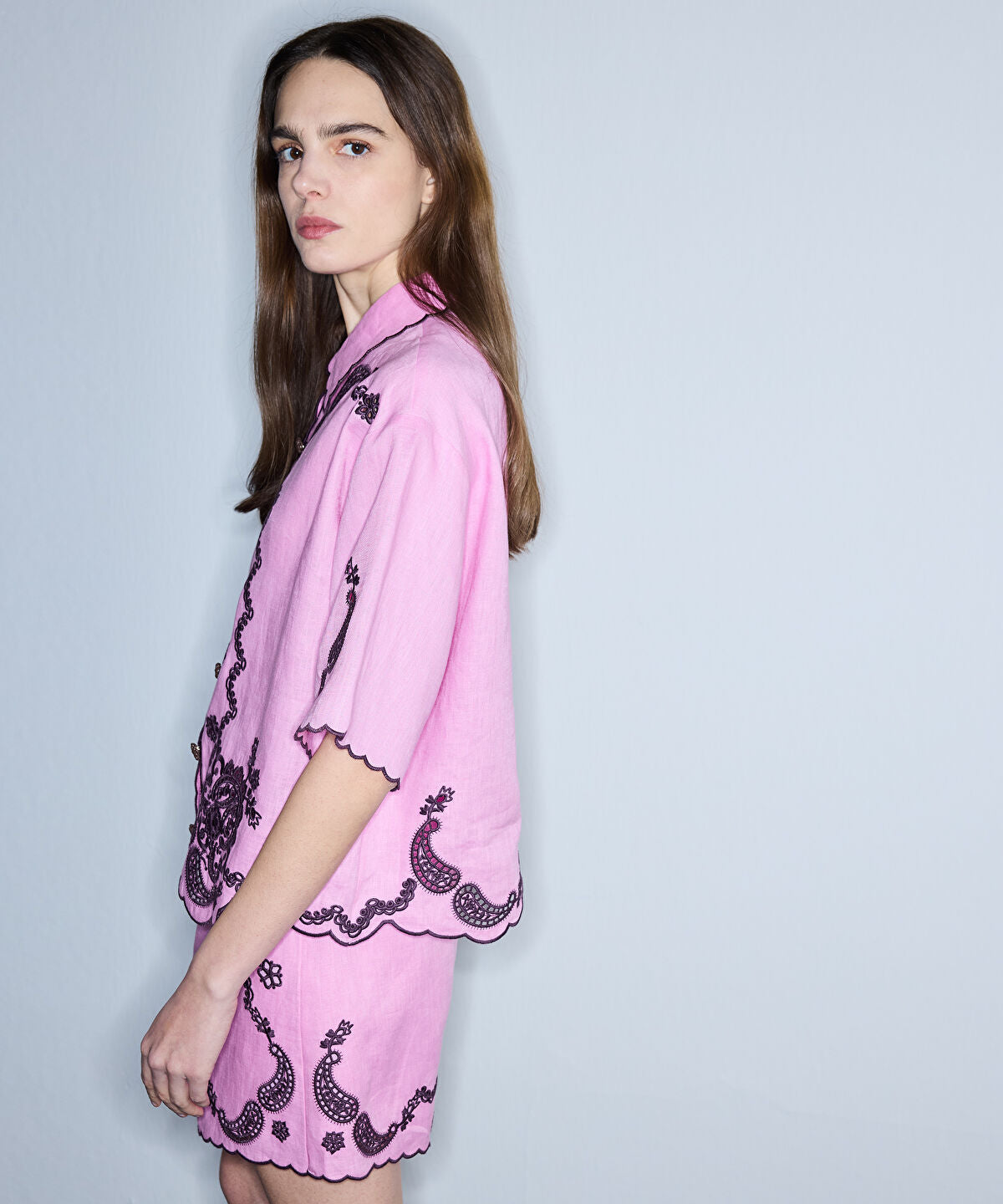 Linen Shirt with Contrast Embroidery