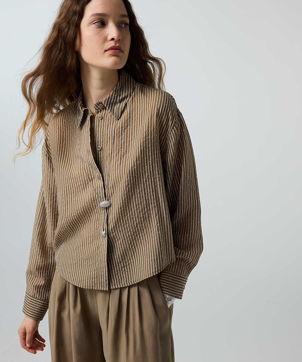 Rhinestone Embellished Striped Shirt