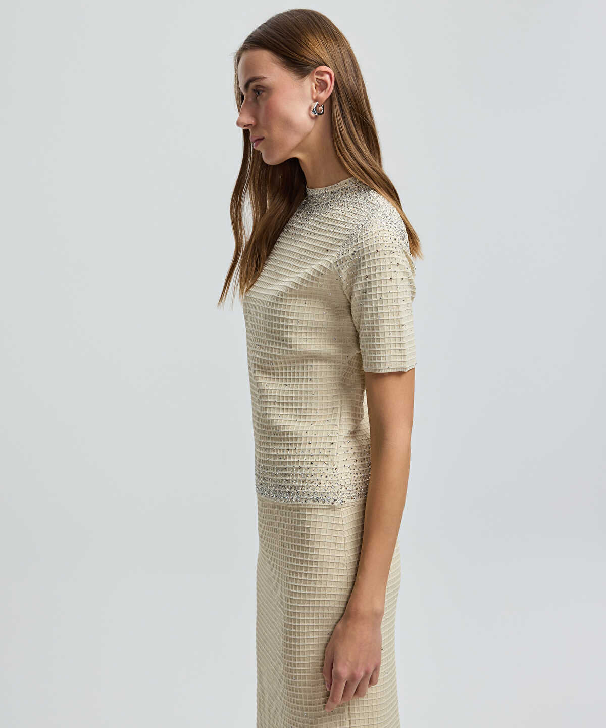Rhinestone High-Neck Knit Top