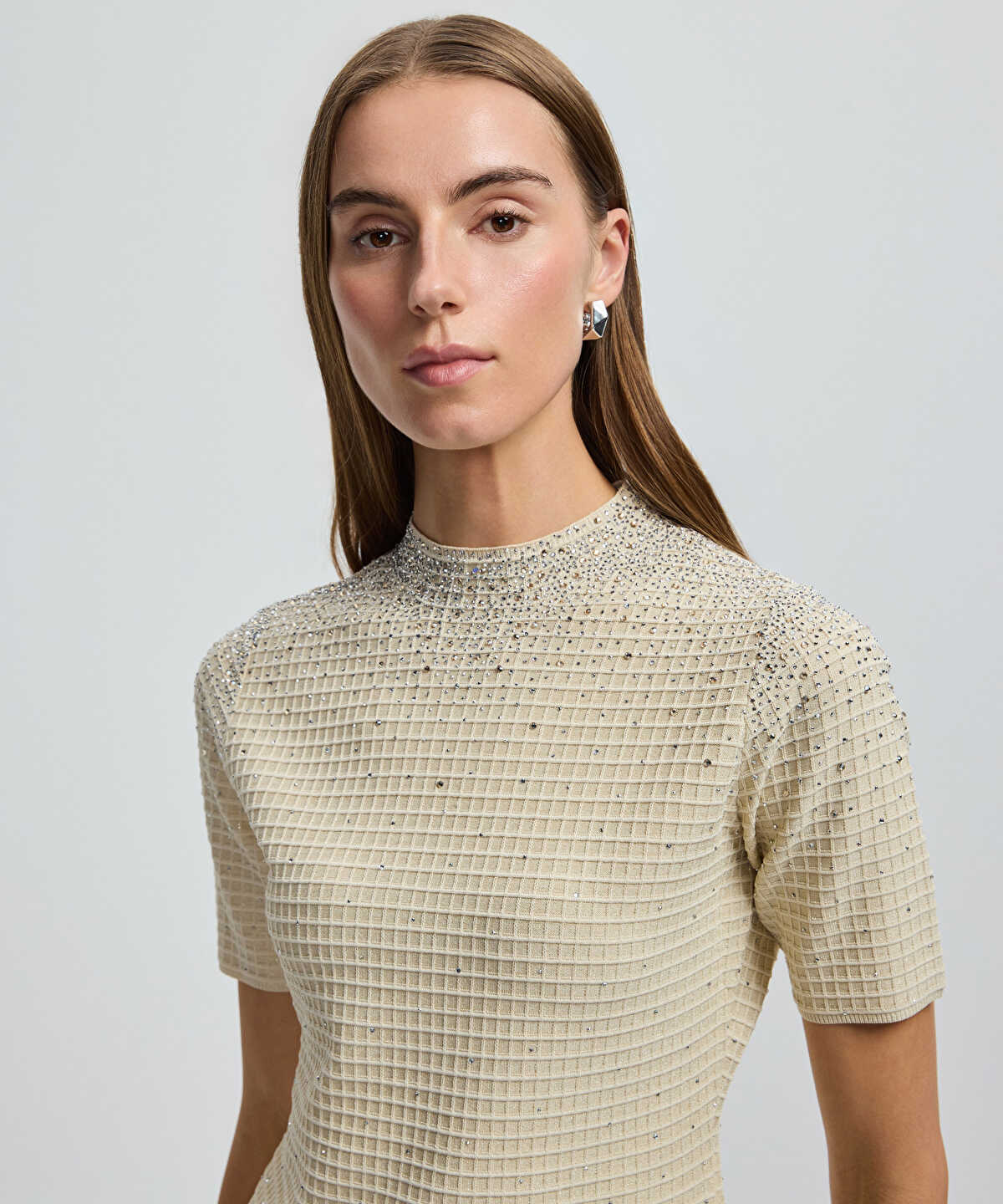 Rhinestone High-Neck Knit Top