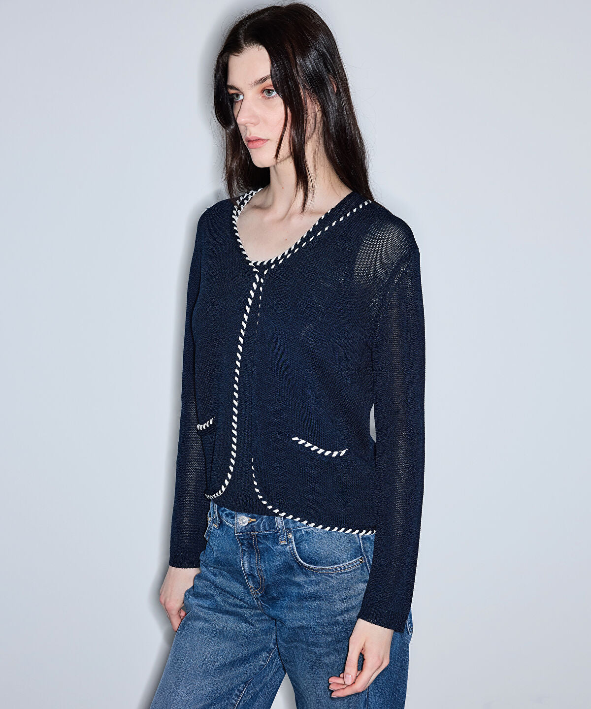Knit Cardigan with Contrast Piping