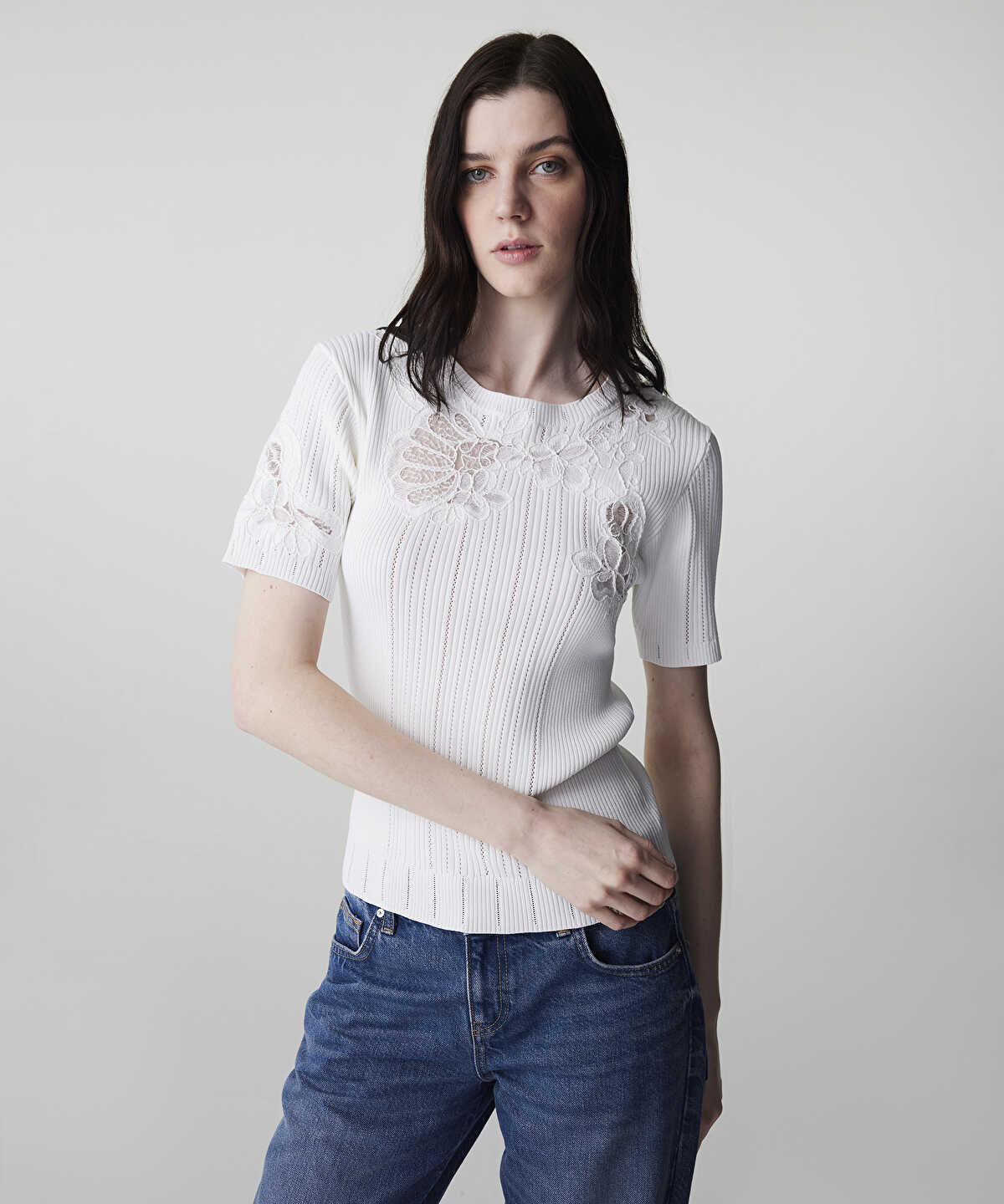 Embroidered Mixed Knit Top