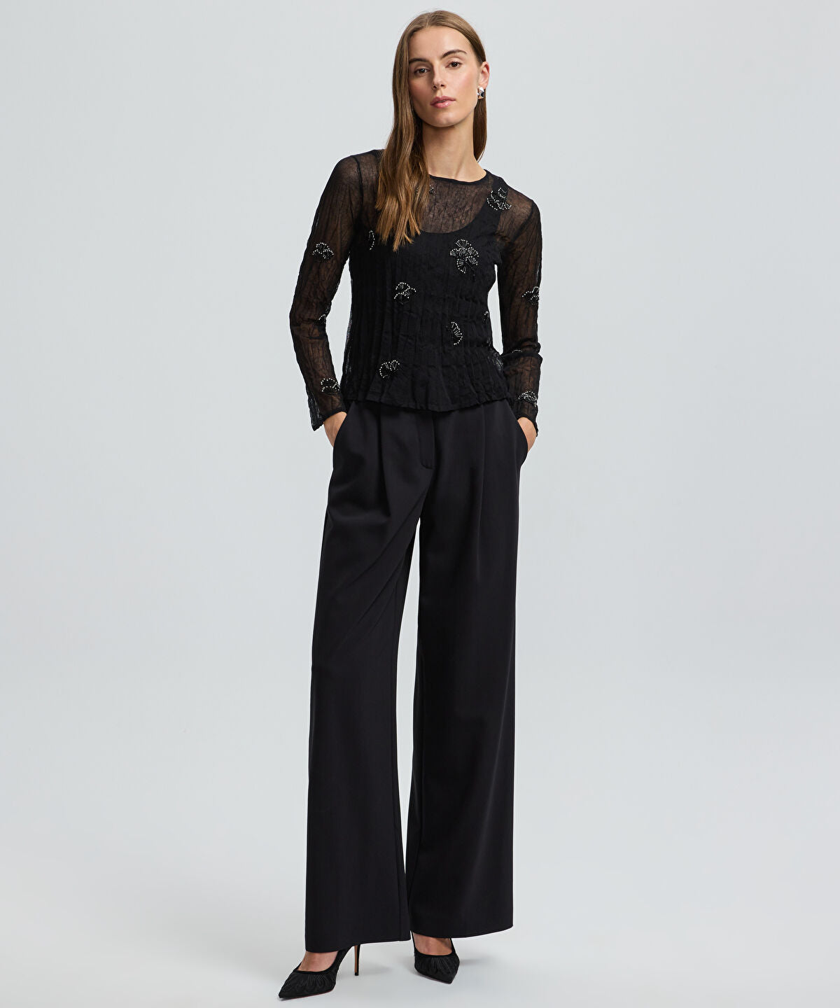 Embroidered Sheer Knit Top