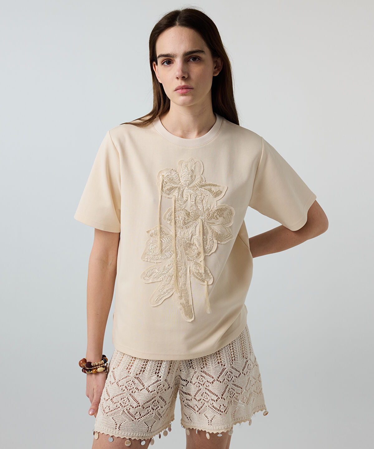 Embroidered T-Shirt with Fringes